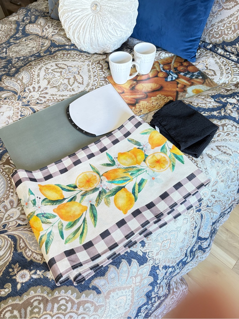 Lemon Branch Checkered Table Runner, 3cuttingk boards, 2 cups and dishcloth.